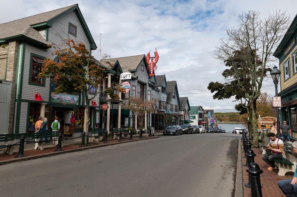 Main Street in the downtown of the city of Bar Harbor, Maine, US